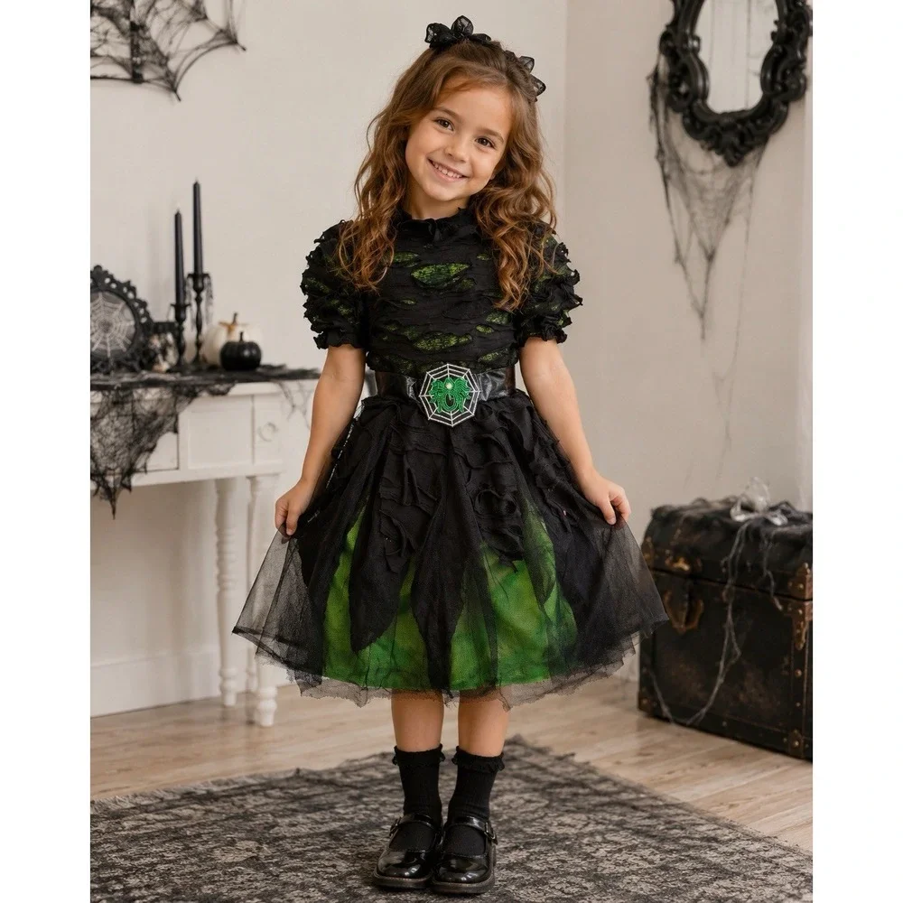 Spooked Witches Dress Costume Girls M (5-6) Green & Black With Spider Belt